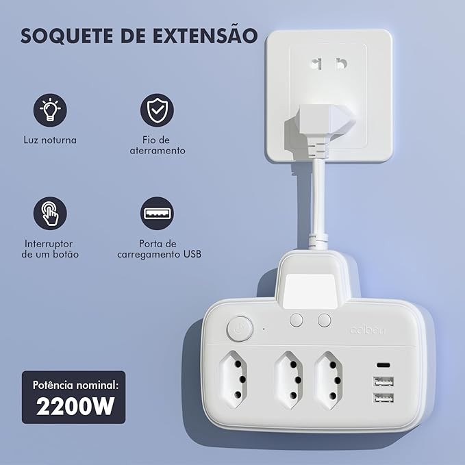 Filtro de Linha Régua de Tomadas 3 Tomadas com 3 USB 2200W Bivolt