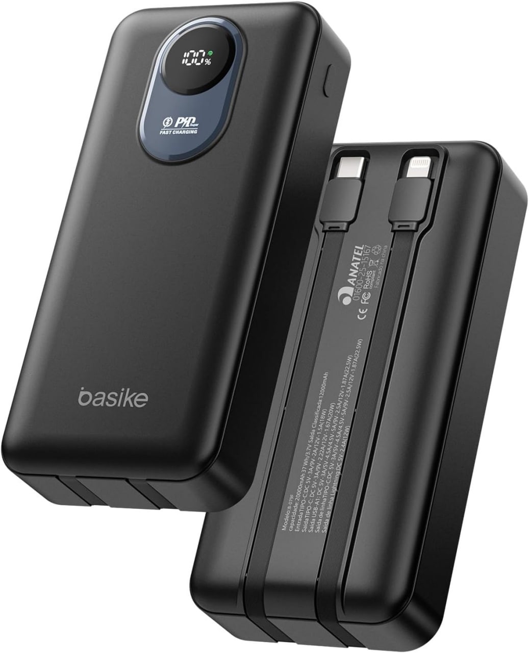 Oferta: Basike Power Bank 20000mAh, Carregador Portátil, 2 Cabos Integrados (Preto) | Carregamento Rápido, USB-A (máx. 22,5W QC) + USB-C (máx. 20W, PD), Display Digital LED de Bateria, Proteção Inteligente