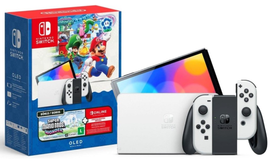 Console Nintendo Switch OLED com Mario Bros Wonder e 3 Meses de Nintendo Switch Online