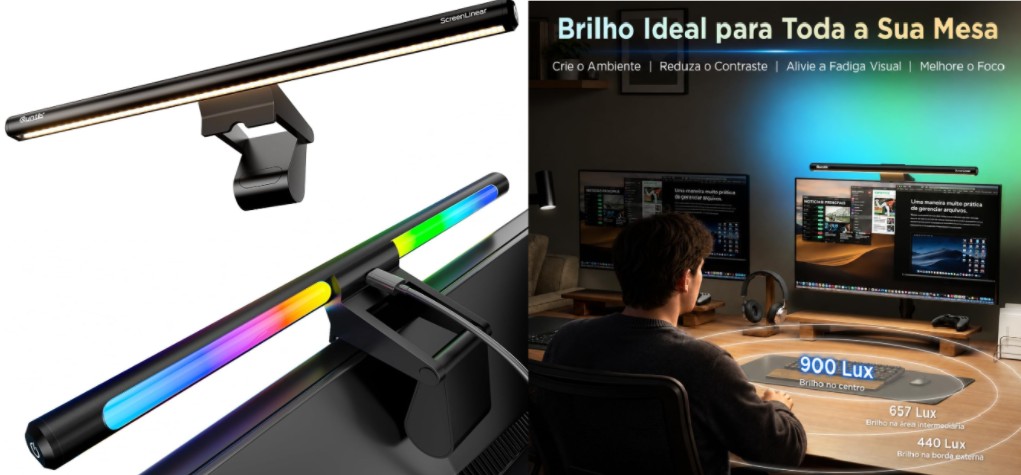Barra de Luz para Monitor Gamer Quntis RGB Iluminação Dupla