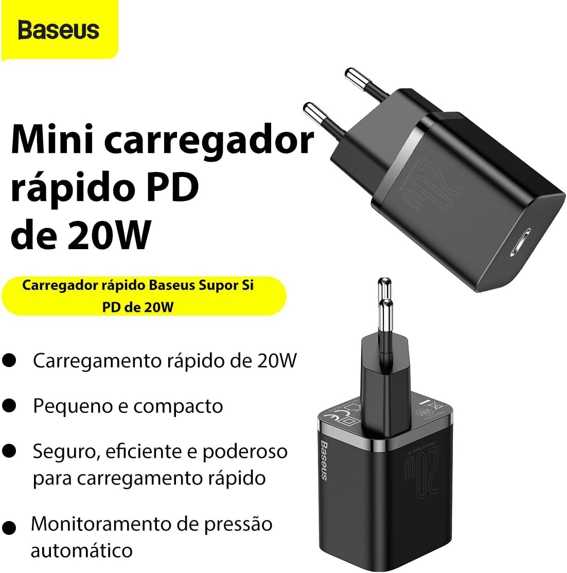 Oferta para Membros Prime: Carregador de Parede Tipo C Baseus Super Quick Charger 20W (Preto)