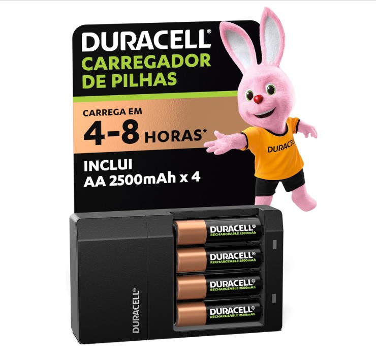 Carregador de Pilhas Recarregáveis AA e AAA Duracell com 4 Pilhas AA Bivolt