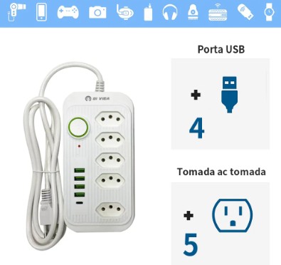 Filtro de Linha Clamper 5 Tomadas Transparente 1m