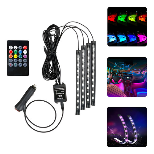 Kit Iluminação Interior Carro Luz 9 Leds RGB com Controle 12V