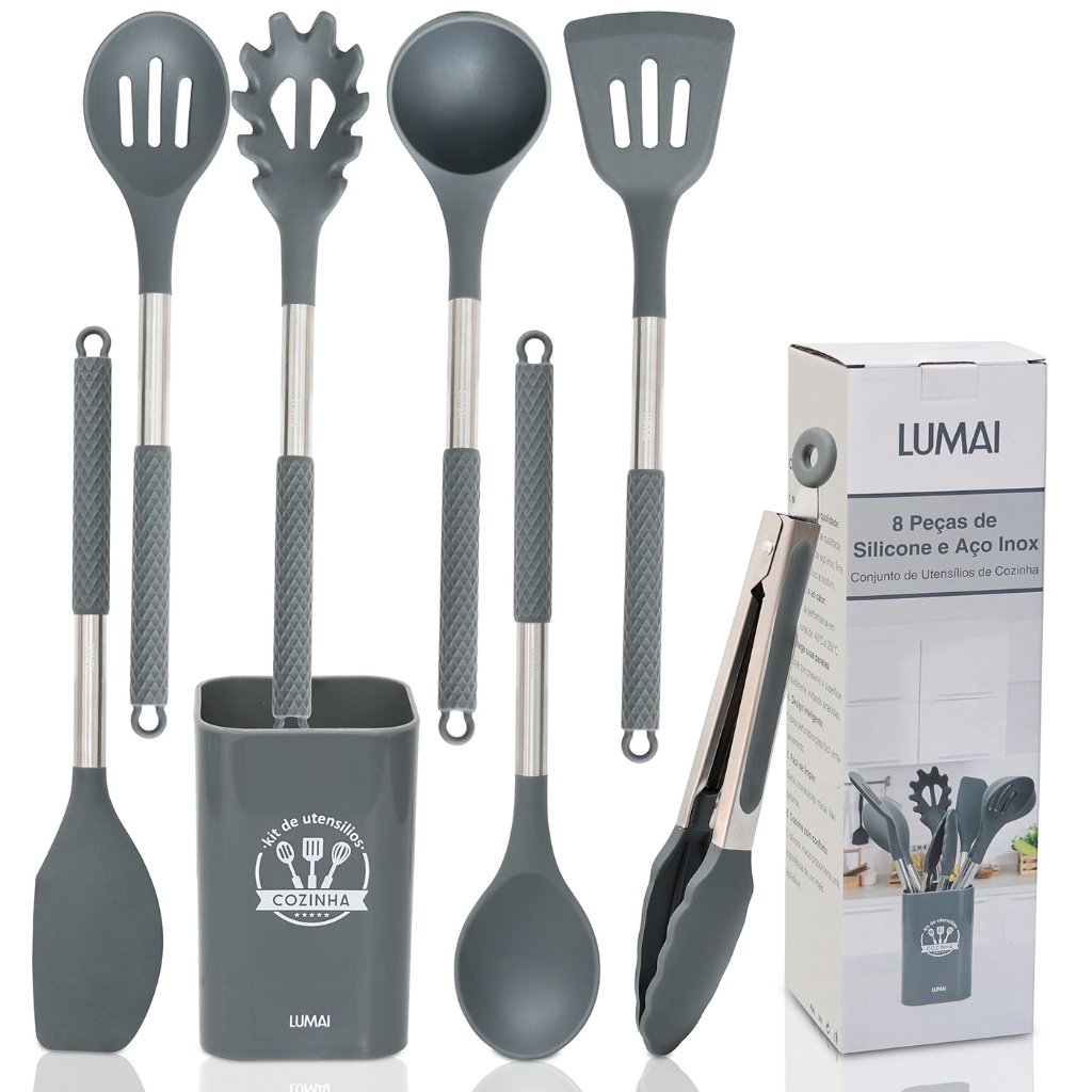 Kit de Utensílios de Cozinha Berlim Lumai Silicone Aço Inox Grande