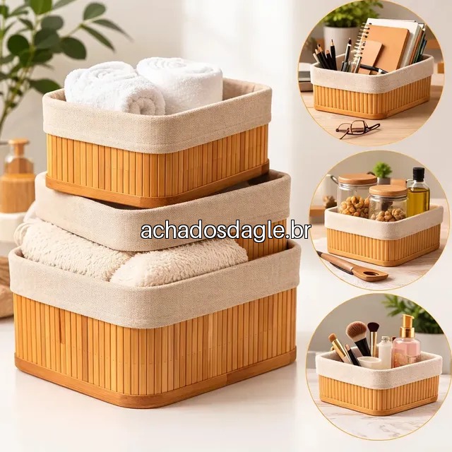 Kit 3 Cestos Organizadores de Bambu Nany Pink/Bege