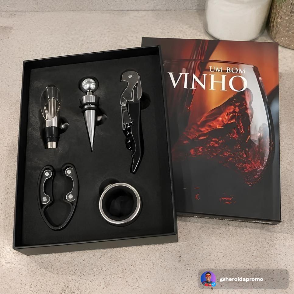 Kit vinho 5 pecas uny gift abridor saca rolhas dosador aco inox
