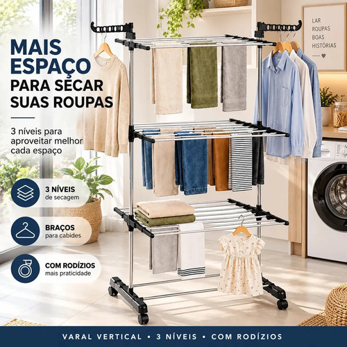Varal Vertical de Chao 3 Niveis com Rodizios e Bracos Dobravel Preto e Prata