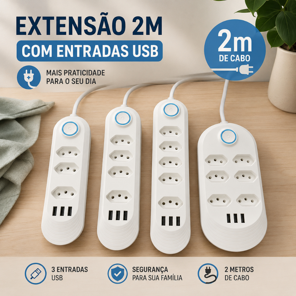 Cabo de extensão de energia de 2 m com 6 soquetes e 3 entradas USB, botão de tomada de energia - Venda | Shopee Brasil