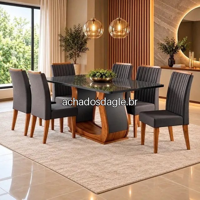 Mesa de jantar 160x80cm tampo com vidro 6 cadeiras fj