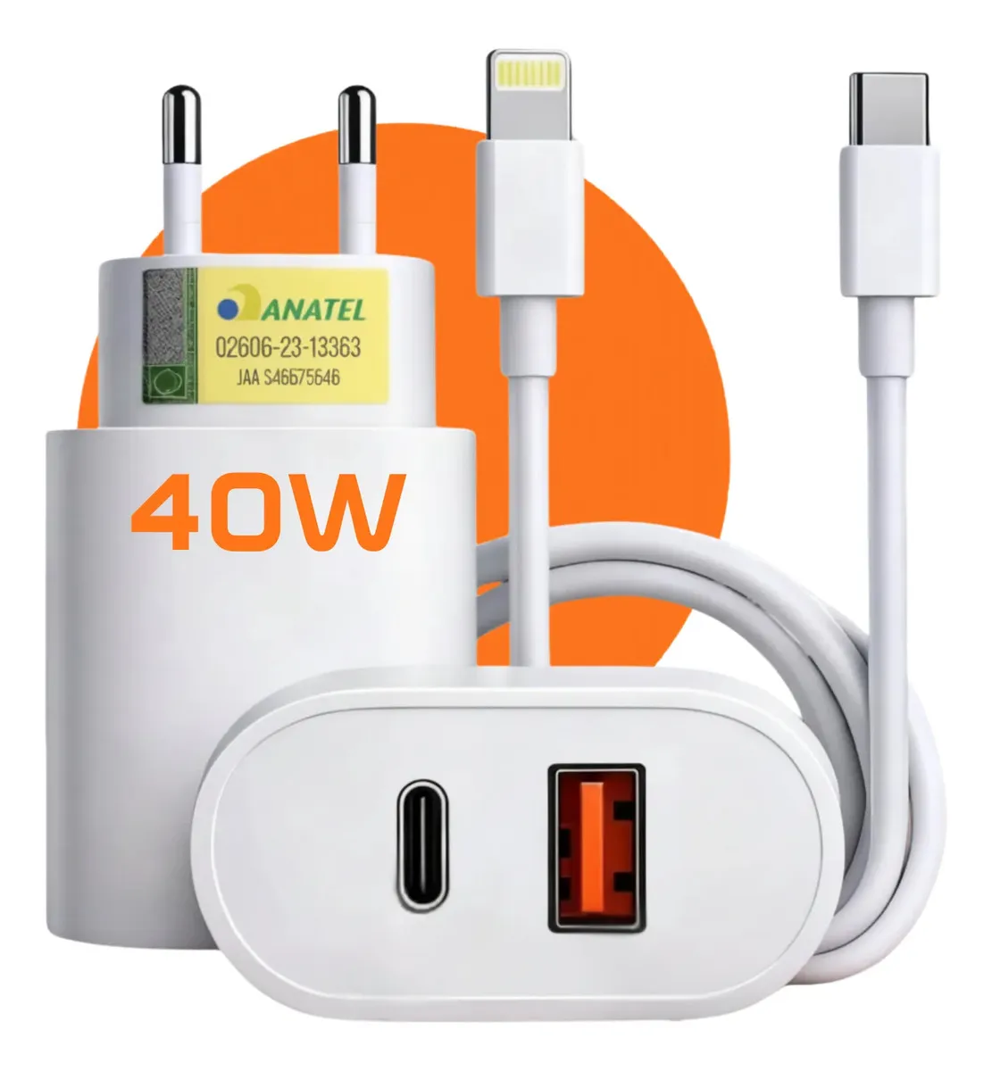 Carregador Turbo 40W USB Branco para iPhone 11 a 14 Pro Max