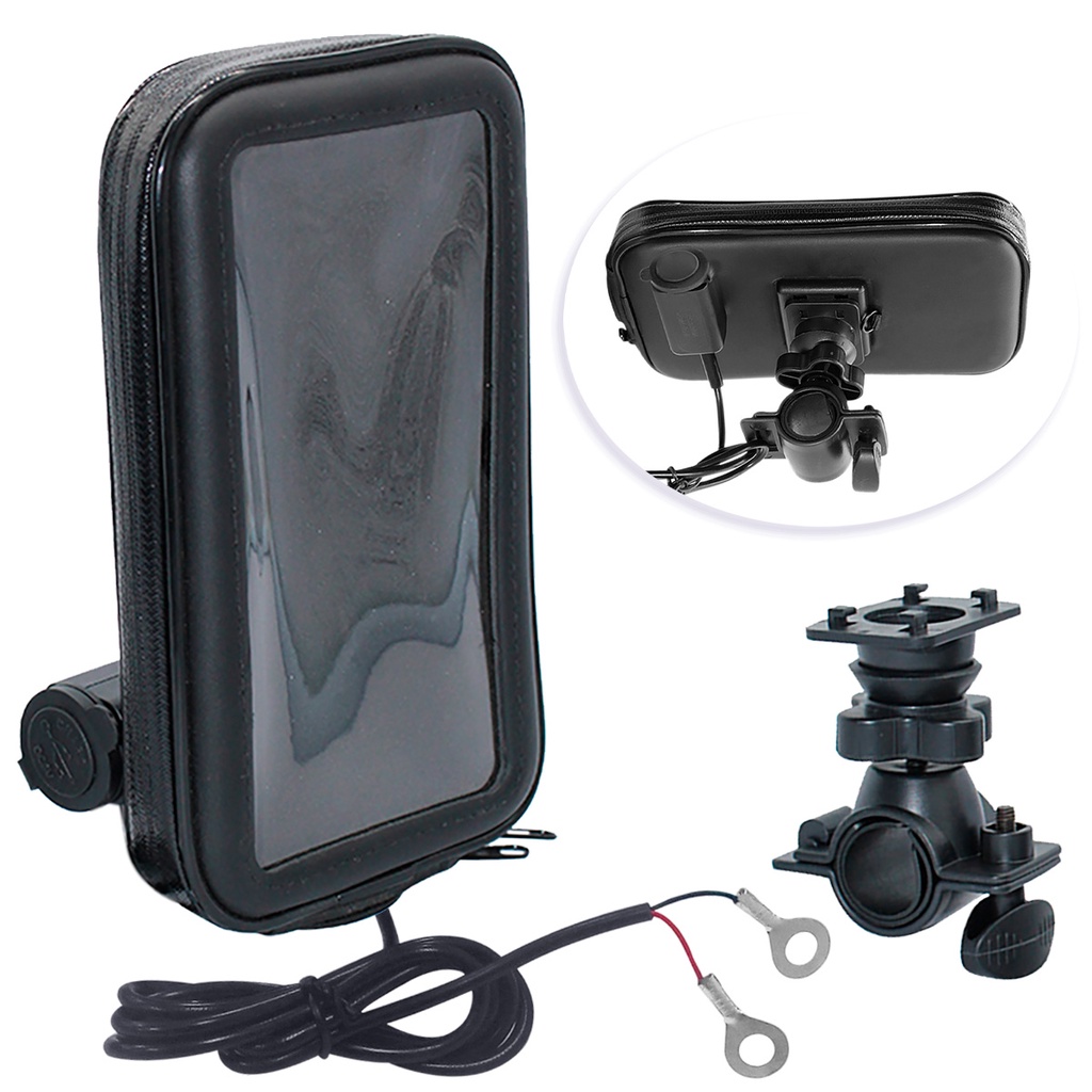 Suporte de Celular para Moto à Prova d'Água Case Couro com Zíper Carregador USB Impermeável | Shopee Brasil