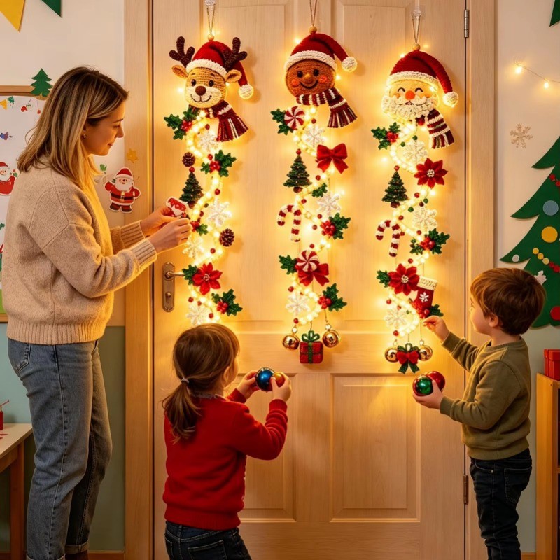 Cabide de Porta de Natal Feito à Mão em Crochê com LED
