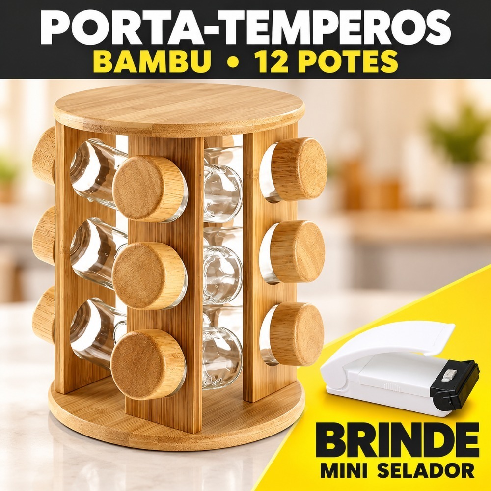 Porta Tempero Giratório em Bambu 12 Potes