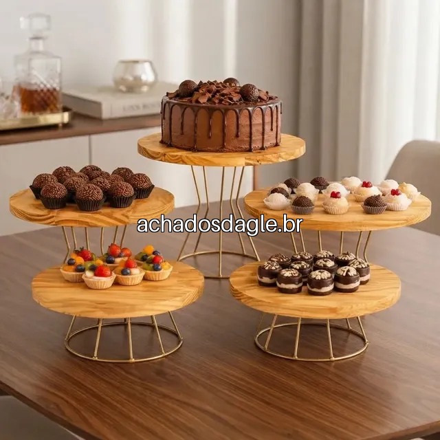 Kit Boleira Suporte Mesa 5 Peças Ferro E Madeira Dourado Festa Bolos