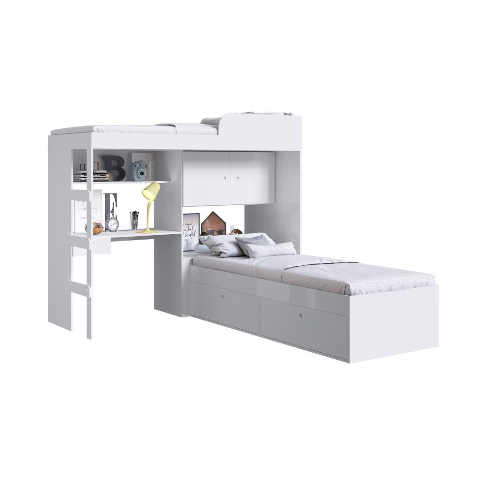 Kit Conjunto Quarto Juvenil Infantil 2 Camas Armário Gavetas Escrivaninha Escada Cama Alta Branco