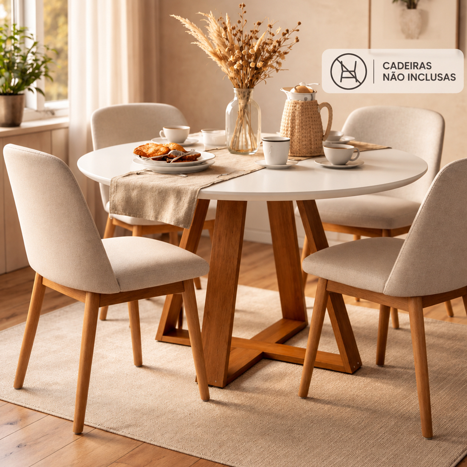 Mesa de Jantar Redonda Livia 110cm 4 Lugares Branca Base Mel
