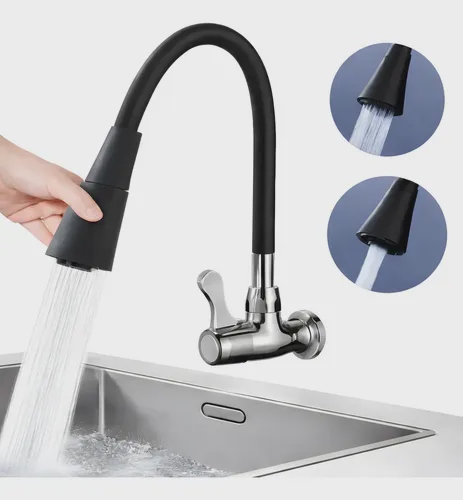 Torneira Gourmet Para Cozinha 2 Jatos Bica Móvel Parede Preta Flexível Jato Cone