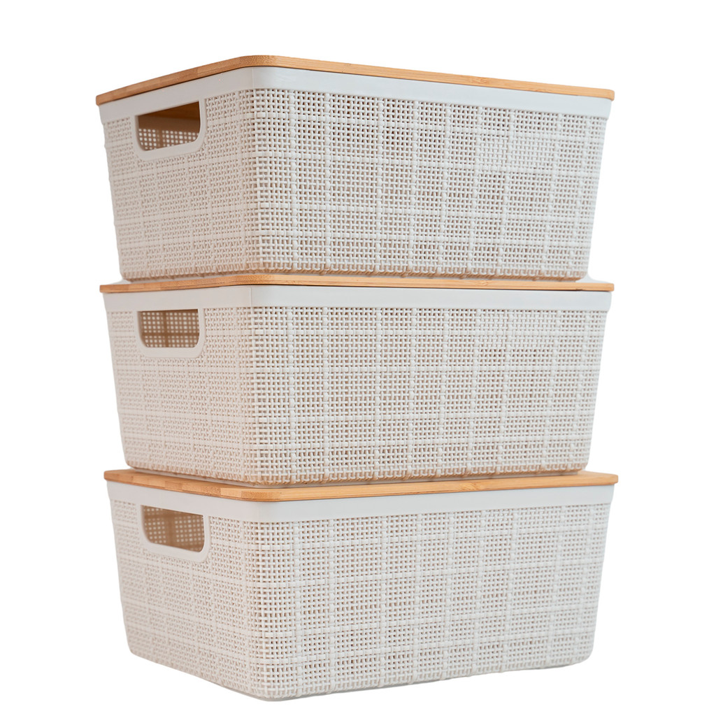 Kit 3 Caixas Organizadoras 4 Litros Brancas com Tampa de Bambu Oikos