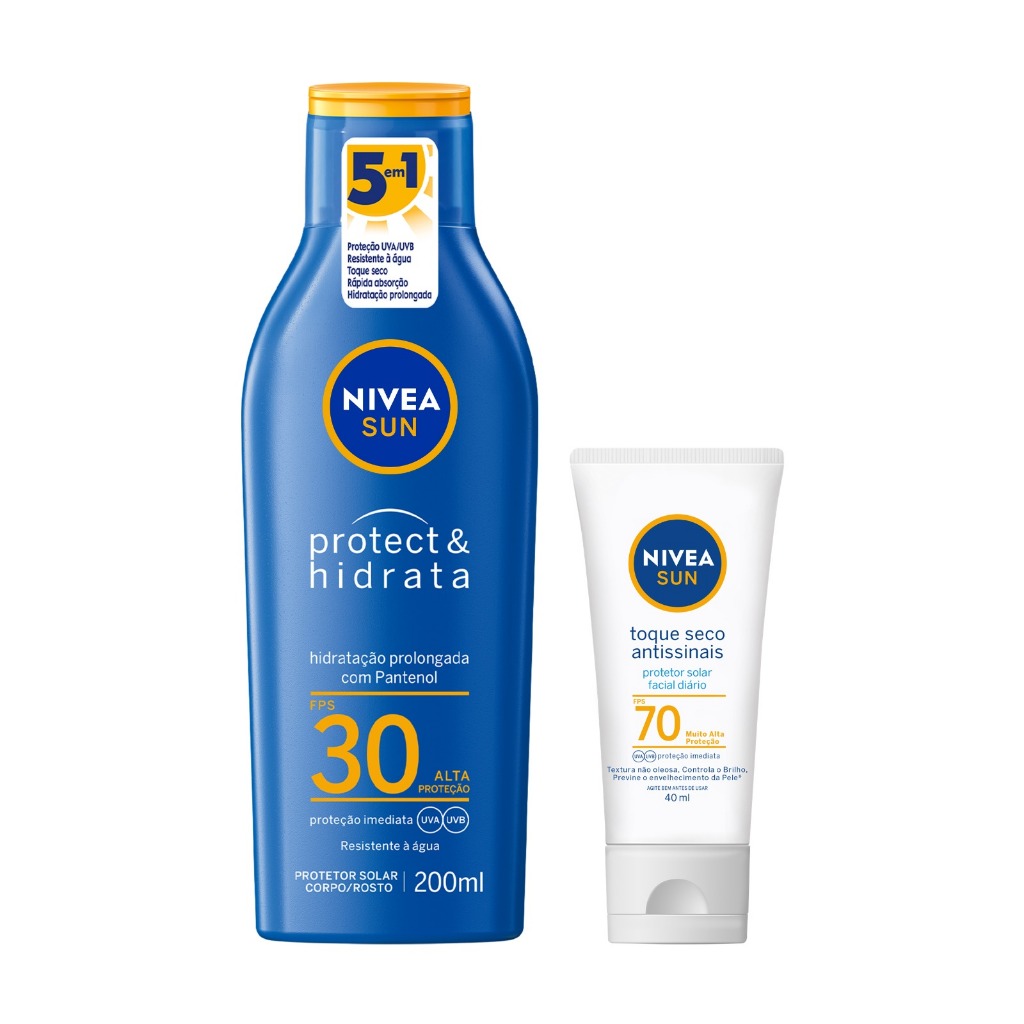 Kit Nivea Sun Protetor Solar Protect & Hidrata FPS30 200ml + Facial Toque Seco Antissinais FPS70