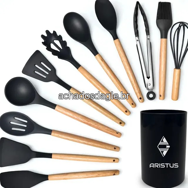 Kit 12 Utensílios De Cozinha Em Silicone Premium Com Cabo De Madeira Marca Aristus Cor Preto