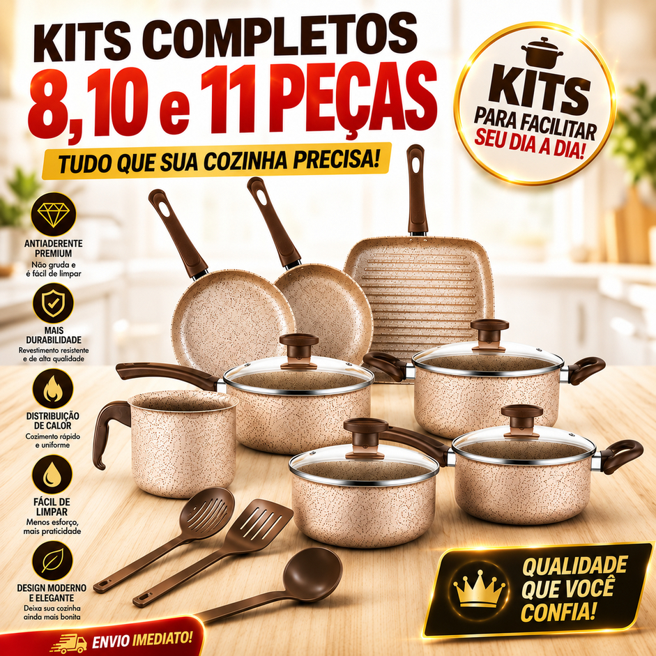 Jogo de Panelas Antiaderente Kit 8, 10 ou 11 Peças com Tampas de Vidro
