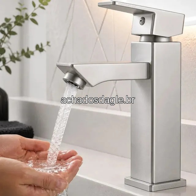 Torneira Bica Banheiro Lavabo Aço Inox 304 Monocomando Fria Quadrada Fosca