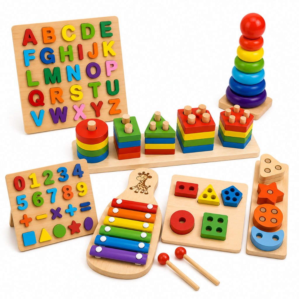 Kit de Brinquedo Educativo Montessori de Madeira com Formas Geométricas