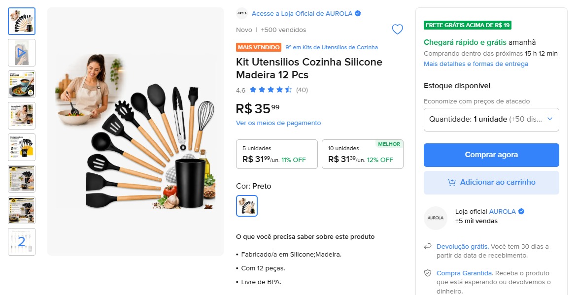 Kit Utensílios de Cozinha em Silicone e Madeira 12 Peças