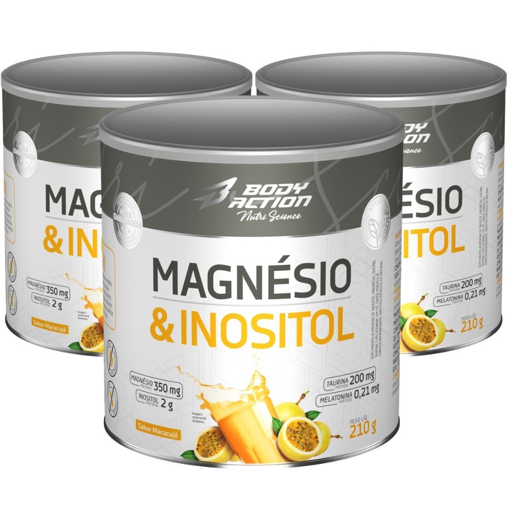 Kit com 3 Magnésio Inositol Taurina Melatonina 210g Bodyaction