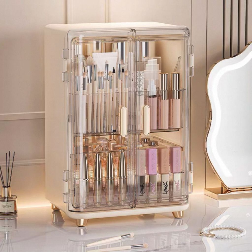 Organizador de Acrílico com 2 Portas, 3 Estantes e Tampa Superior – Espaço Completo para Maquiagem e Escritório | Shopee Brasil