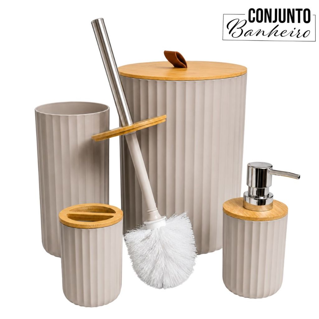 Kit Banheiro Lavabo 4 Peças Lixeira 6,5L PVC Tampa de Bambu Porta Escovas Dispenser Escova Sanitária | Shopee Brasil