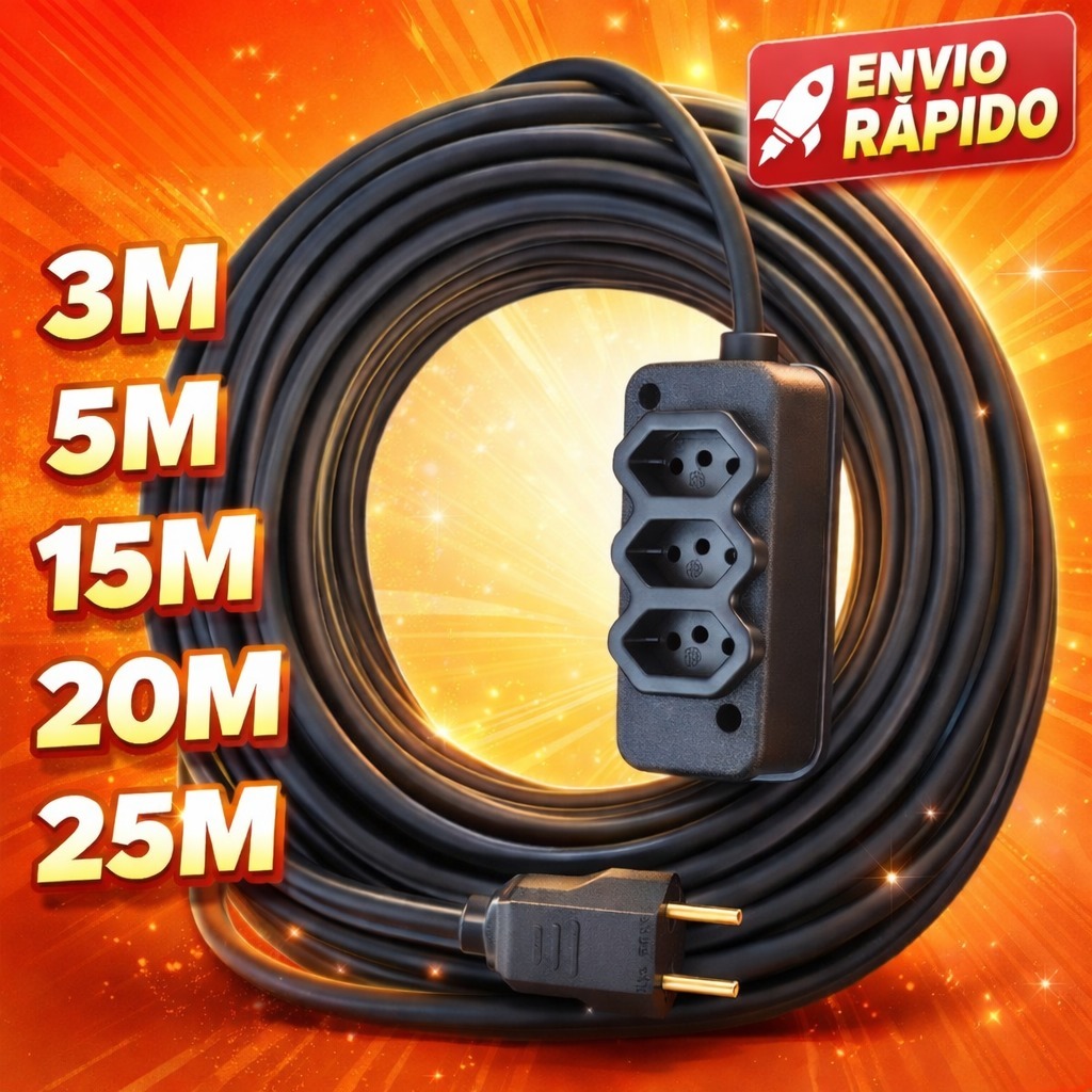 Extensão Elétrica CABO PP 2x2.5mm 20A/10A Resistente - 5/10/15/20/25 (METROS) | Shopee Brasil
