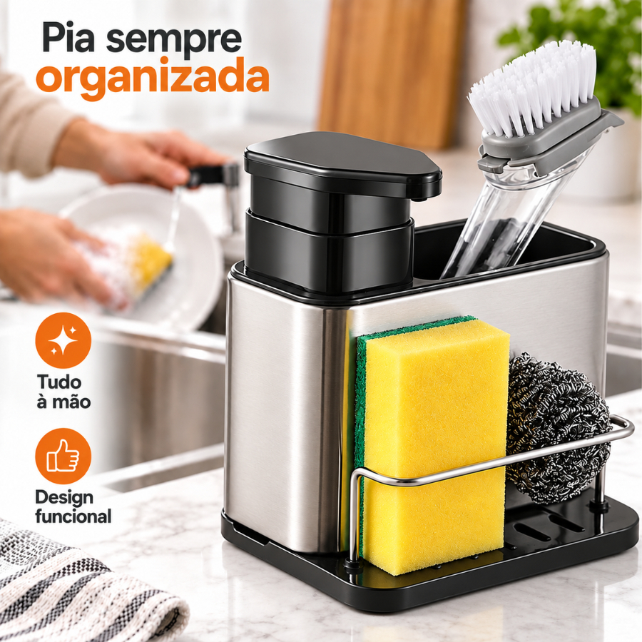 Organizador de Pia Aço Inox com Dispenser de Detergente e Porta Esponja