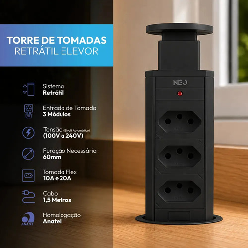 Torre de Tomada Embutir Neo Avant Preta 3 Tomadas Flex 10a 20a Bivolt