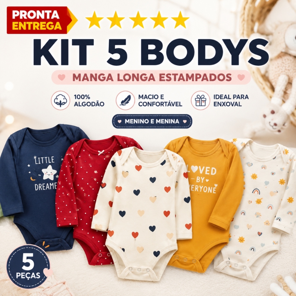 Kit 5 peças enxoval bebê body manga longa estampado 100% algodão