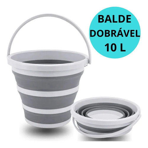Balde Dobrável Retrátil Flexível 10L Silicone com Alça Cinza Powermaid