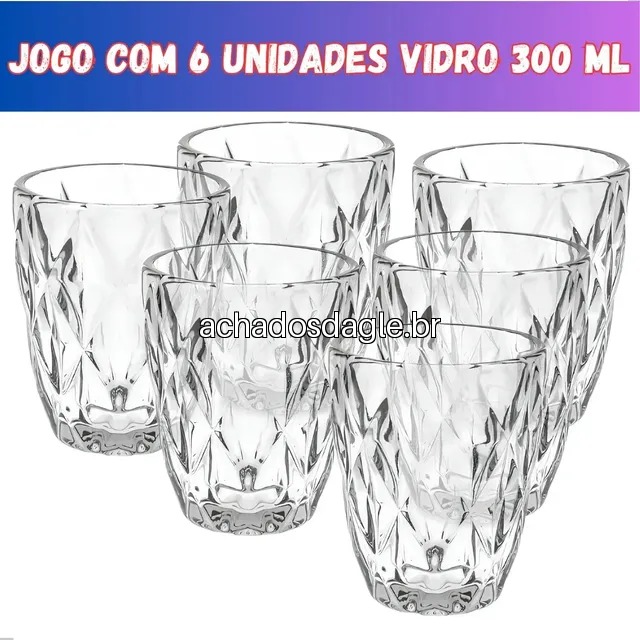 Jogo 6 Copos Vidro Diamante 300ml