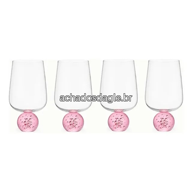 Kit 4 Taças De Vidro Com Base Rosa Esfera Bubble Glass 450ml Transparente E Rosa