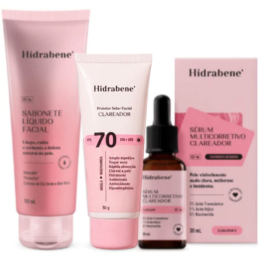 Kit Hidrabene Clareador Facial: Sabonete, Protetor 70 FPS e Sérum