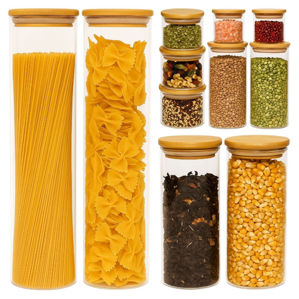 Kit 11 Potes Herméticos de Vidro com Tampa de Bambu