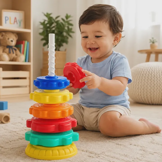 Torre Gira Gira Brinquedo Educativo Sensorial Empilha Argola Multicolorido