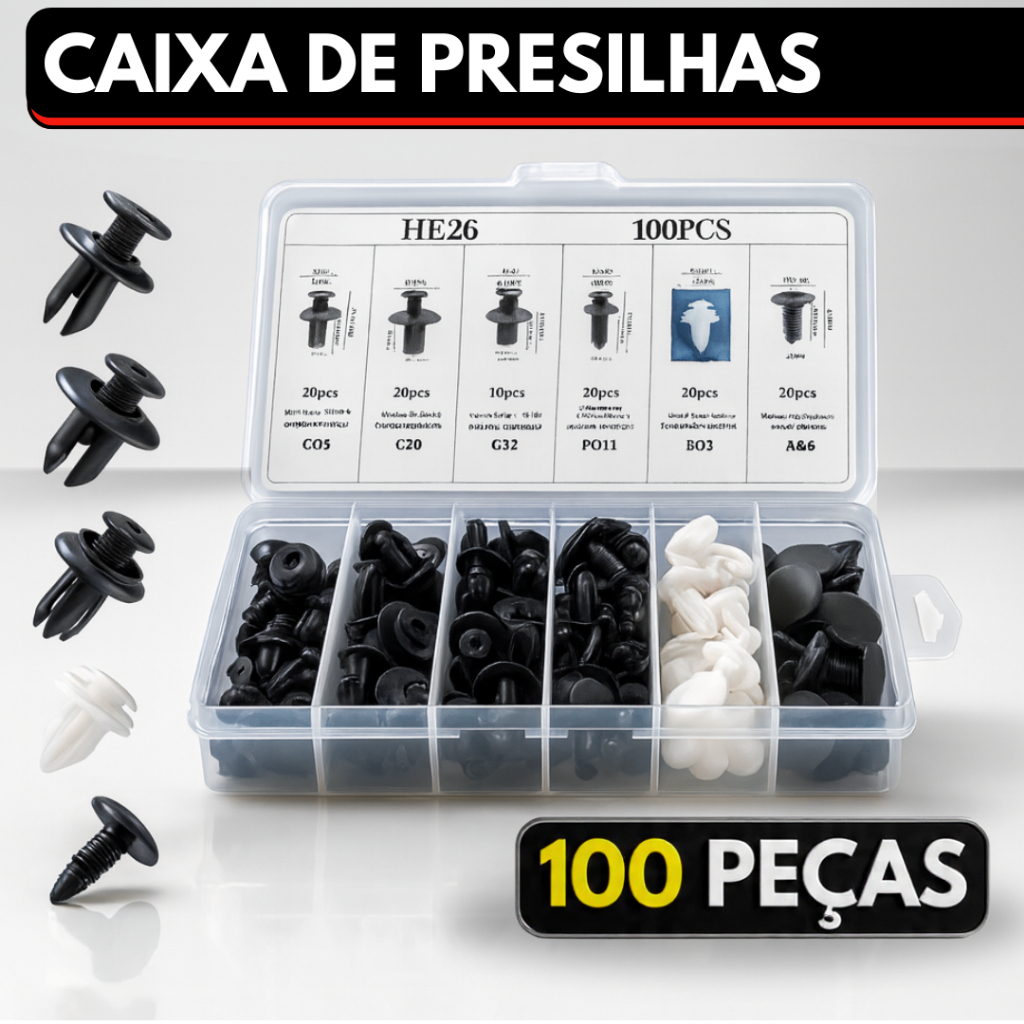 Kit com 100 Presilhas Grampos Automotivos Fixadores Prendedores Para-choque
