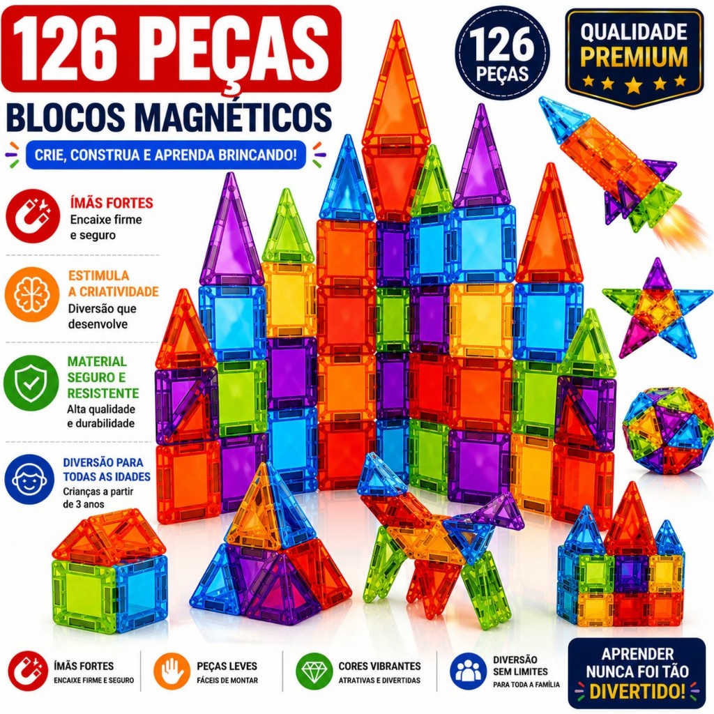 Blocos de Montar 3D Magnéticos Educativos Infantil
