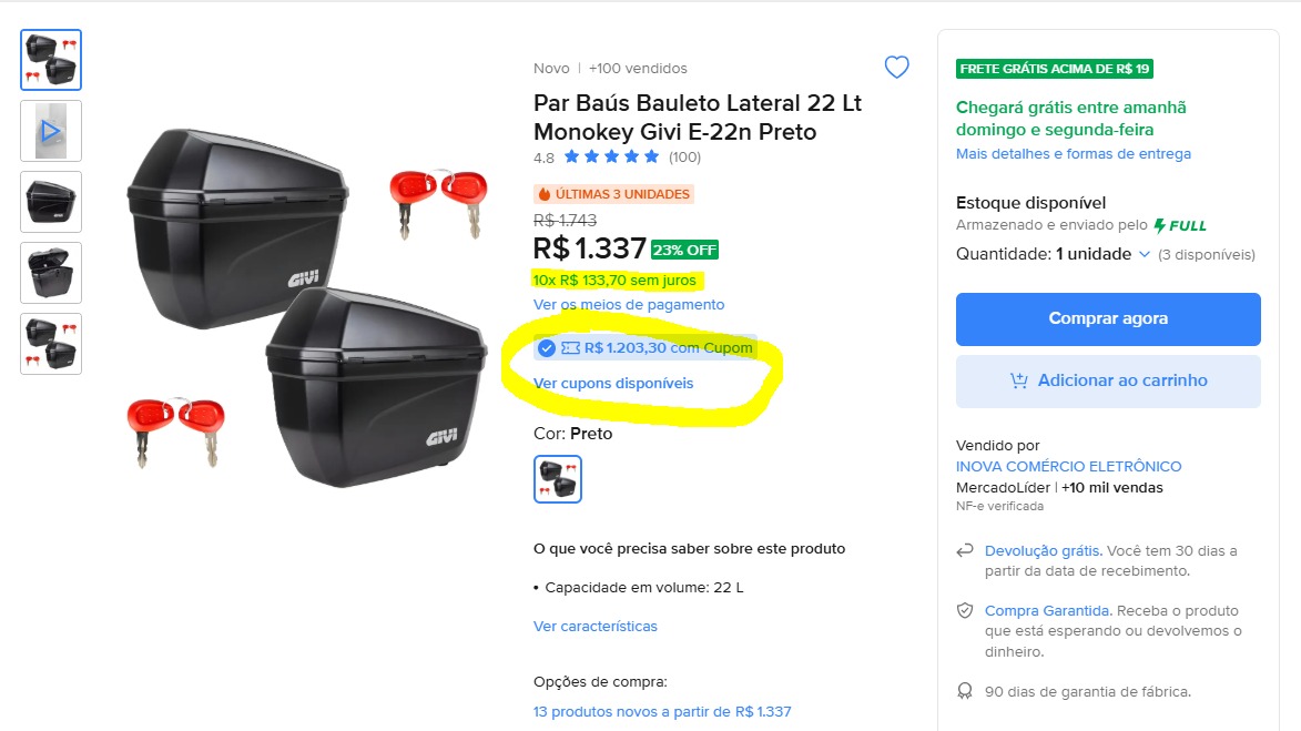 Par Baús Bauleto Lateral 22 Lt Monokey Givi E-22n Preto