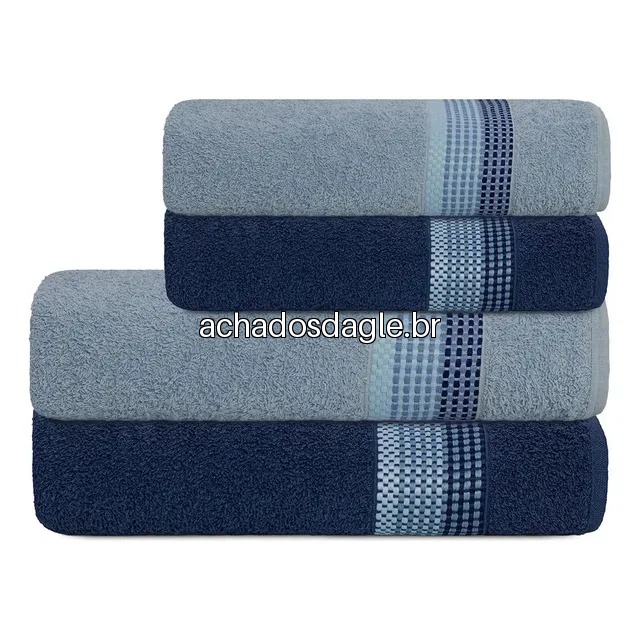 Jogo de Banho e Rosto 4 Pcs Algodão Venus Select Camesa Lisa Marinho com Azul Claro