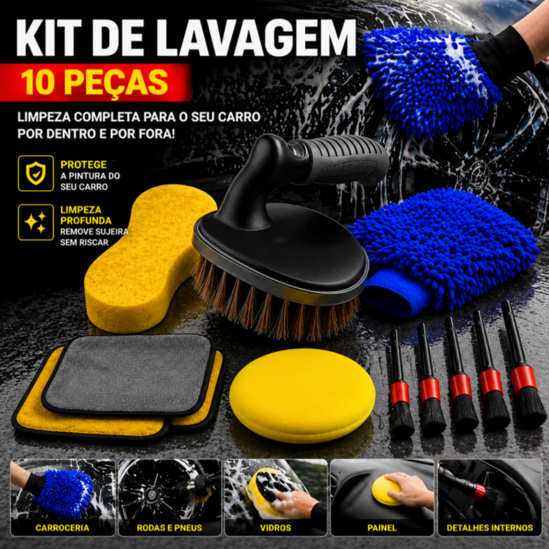Kit Lavagem Automotiva 10 Pecas com Esponja Escova Flanela e Luva