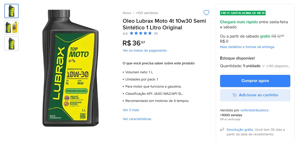 Oleo Lubrax Moto 4t 10w30 Semi Sintético 1 Litro Original