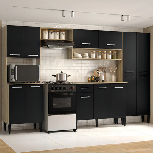Cozinha Completa Arizona Plus com Armário e Balcão Carraro Cor Carvalho/preto