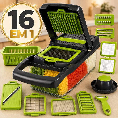 Cortador Fatiador Ralador De Legumes Manual 16 Peças Inox Verde/Preto